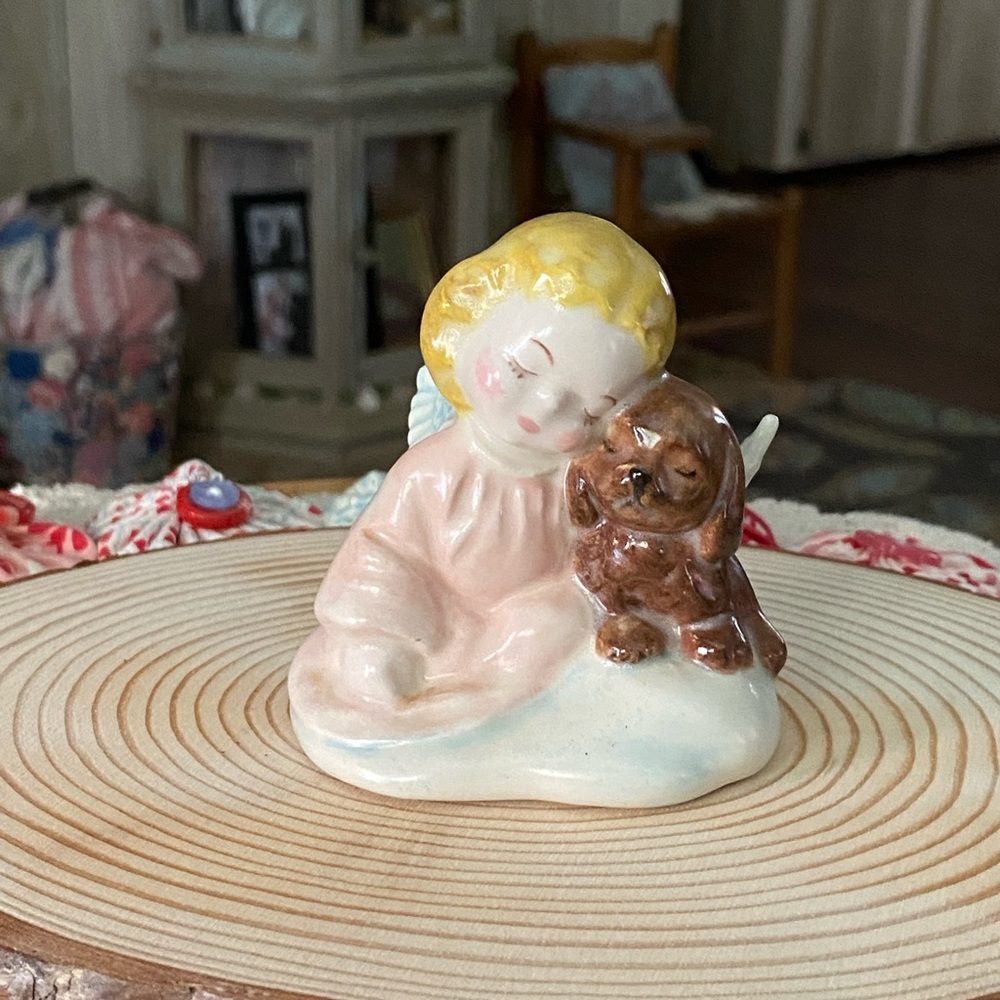 Vintage Ceramic Girl/Puppy Angels Figurine. Rainbow Bridge. Preowned, As Is.